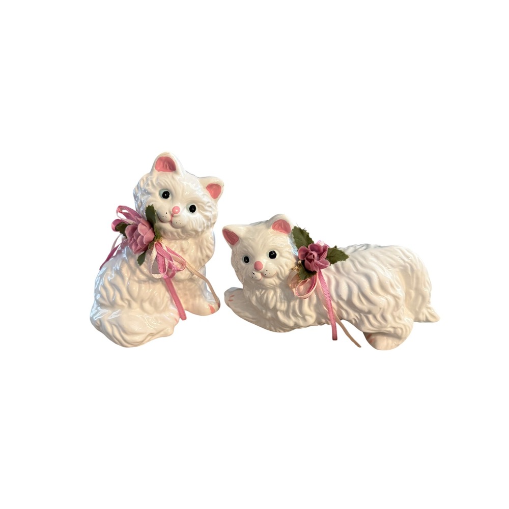 Vintage Persian Ceramic Cat Figurines Set of 2 Pink Roses Ribbons Trippies Inc